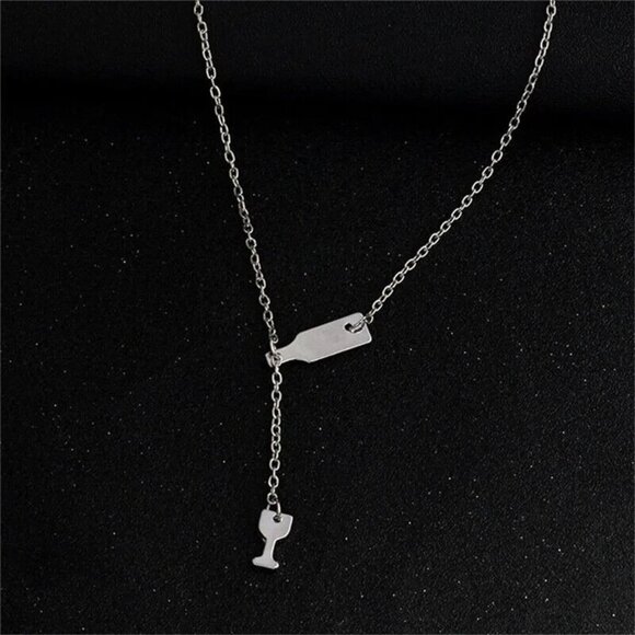Wine Bottle & Glass Pendant Necklace in Silver Color - Picture 1 of 2